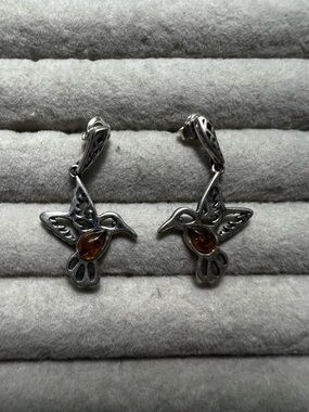 Silver Hummingbird Drop Earrings with Amber Accent